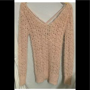 Bebe Pink Peach Fuzzy Back Ribbon Sweater